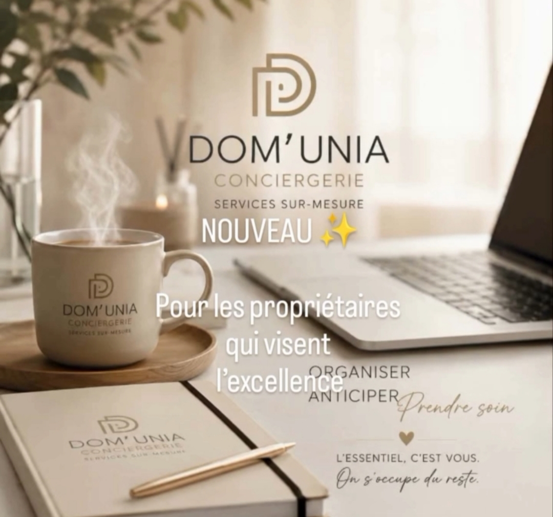 Ambiance DOM'UNIA Conciergerie : un bureau chaleureux avec mug, ordinateur et carnet aux couleurs de la marque